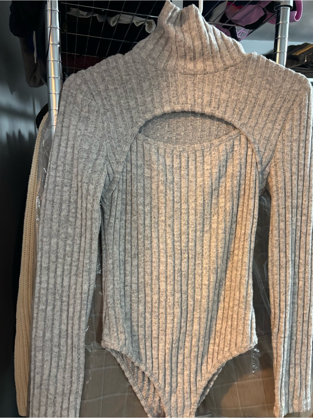 SHEIN Gray Ribbed Cutout Turtleneck Bodysuit